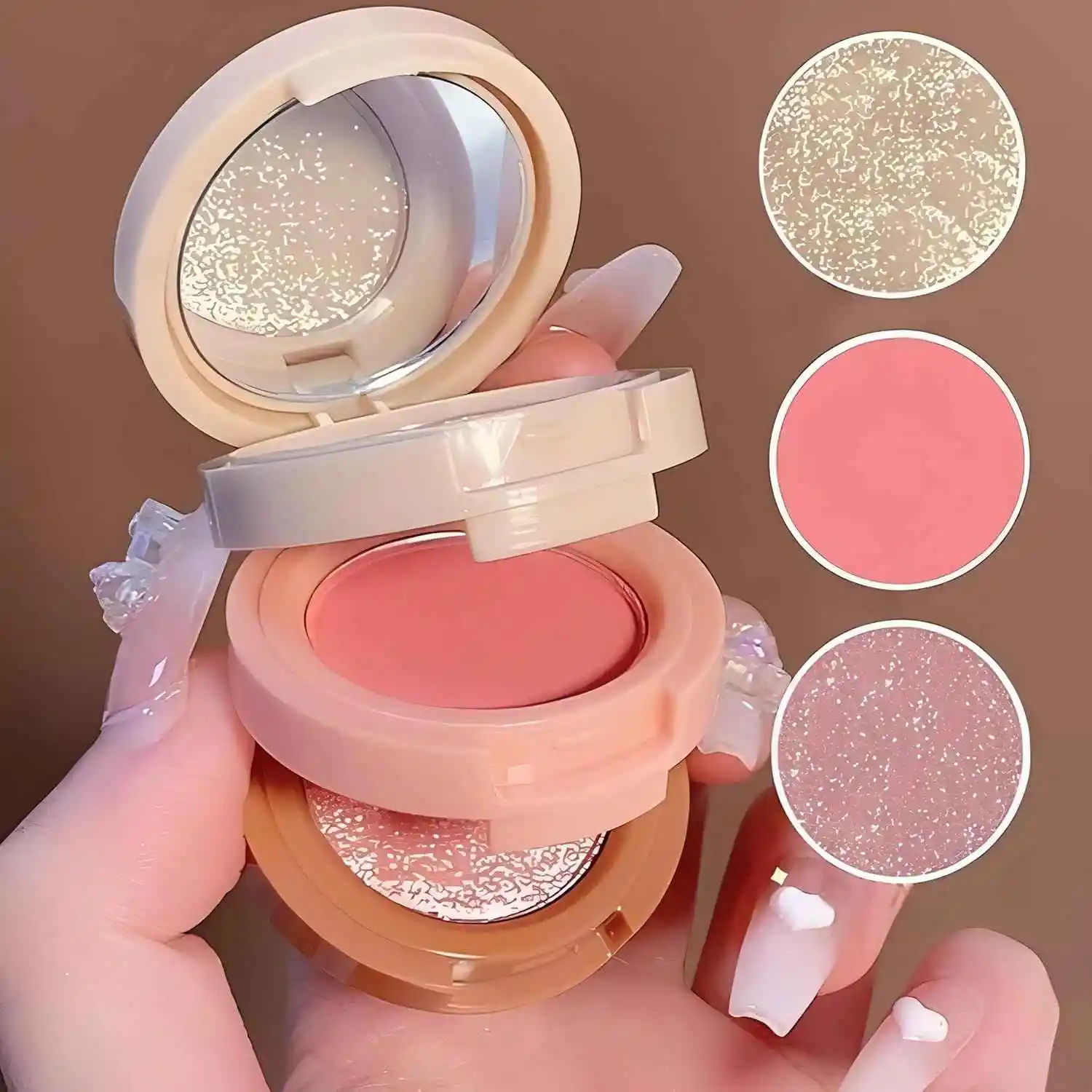 3-in-1 Blush & Highlighter Compact – Peach Glow, Shimmer Finish
