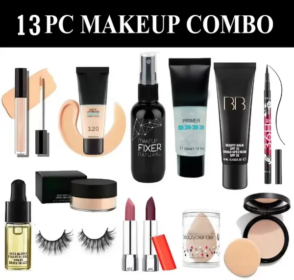 13Pc-Makeup Combo Kit| Primer Foundation Fixer Conceler Eyeliner Puff Eyelash Face Serum Lipstik Loose Powder BB cream Compact  (13 Items in the set)