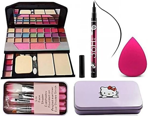 Girl's Tya 6155 Multicolour Makeup Kit and 7 Pink Makeup Brushes Set, 36H Waterproof Eyeliner Pencil with Pink Beauty Blender - (Pack of 10)