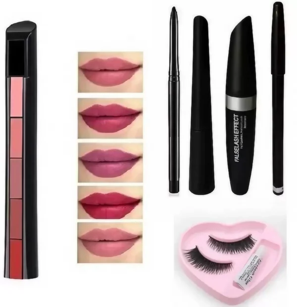 5 in1 Creamy Matte Lipstiks & EyeLiner+kajal +Mascara+ EyeBrow Pencil (3in1) & EyeLashes +Glue Set (6 Items in the set)