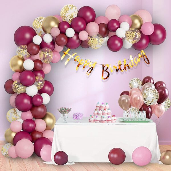 Happy Birthday Decoration Items for Girls-63Pcs Burgundy Balloons for Decoration | Pink Birthday Balloons for Decorations | Birthday Decorations for Wife | Happy Birthday Banner