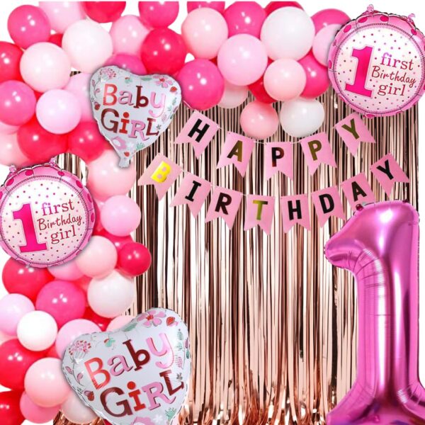 1st Birthday Decorations for Girls - 60pc Balloons, 1 Birthday Banner, 1st birthday girl balloon Set of 5, 2pc Rose Gold Curtains ( Pink First Theme Birthday Decoration for Girls )