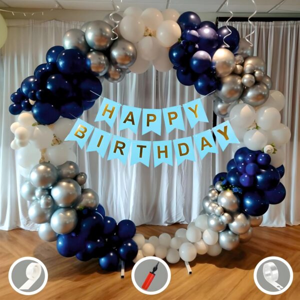 Birthday Decoration Items for Blue and White Theme Combination for Boys Girls | 50 Pcs Blue White Silver Balloon | Blue Birthday Banner | Balloon Pump | Arch Tape | Glue Dots
