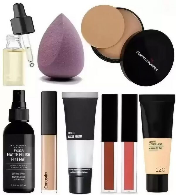 9 in1 Makeup Combo Lipstick Primer Fixer Foundation Powder Serum concealer Puff  (9 Items in the set)