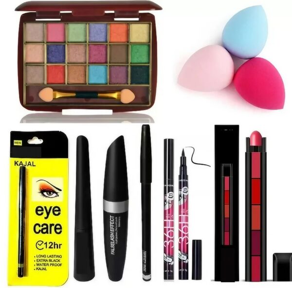 Eye makeup combo | 18 color shimmer eyeshadow 3in1 mascara combo black kajal eyeliner  (11 Items in the set)