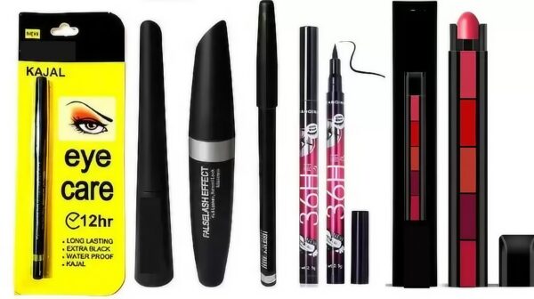 Eye makeup combo black kajal 3in1 mascara longlasting eyeliner 5in1 lipstick  (6 Items in the set)