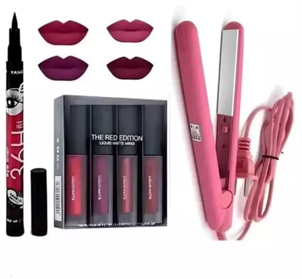 Red Edition Glossy Longlasting Liquid Lipstick Smudgeproof & Waterproof (4 Pcs.), Eyeliner 36h, Hair Straightener  (3 Items in the set)