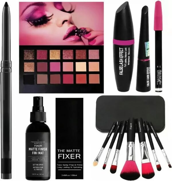 Essential Makeup HD14 Beauty Kajal & Professional Set of 7 Makeup Brush & Rose Gold New York Edition Eyeshadow Palette & The Matte Fixer Face Spray & 3in1 Eyeliner , Mascara , Eyebrow Pencil  (13 Items in the set)