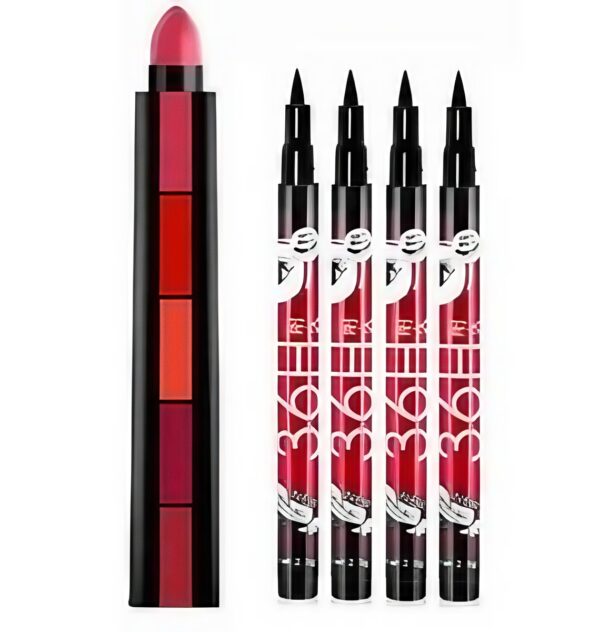 HUDA Professional Beauty Fabulous 5 Lipsticks in 1 Matte Lipstick (Red Edition) with 4 Pc Eyeliners - (Pack of 5)