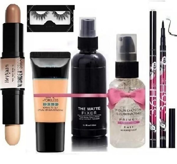 Makeup Fixer, Makeup Primer, Makeup Foundation, 2-in-1 Contour Stick with Contouring Shade and Highlighter, Waterproof Eyeliner & Eyelashes (pack of 6)
