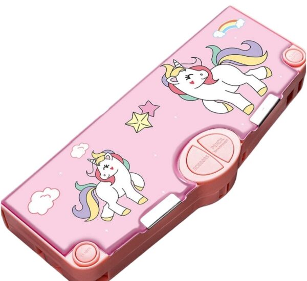 Galaxia Branded Unicorn Theme Magnetic Pencil Box For Kids, Space Pencil Box For Boys & Girls, Stationery Box, Buttons Operated Pencil Box For Kids (With Accessories, Plastic, Pink)