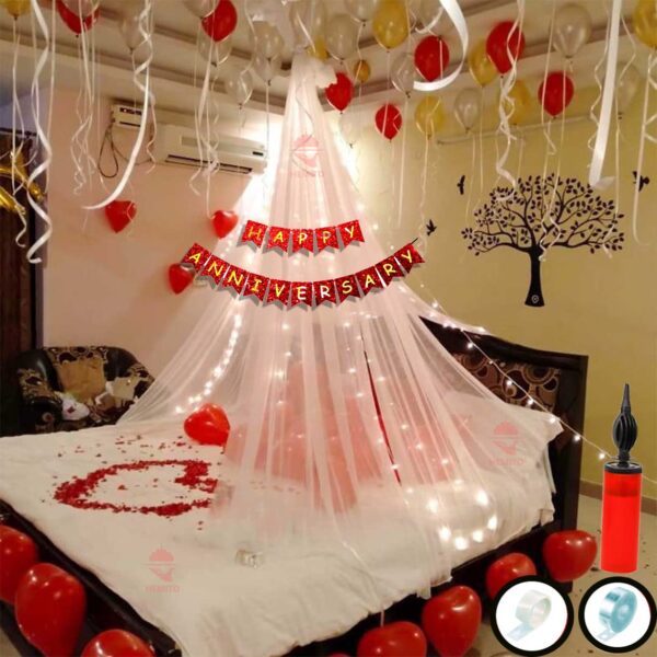 38 Pc Tent Romantic Decoration Set Red White Yellow Balloons LED Light and Back Drop White Curtains Red Foil Heart | bedroom decoration items| Romantic party decorations