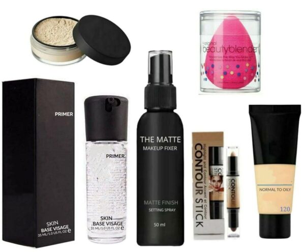 Makeup Combo Kit Losse Face Powder with Makeup Base Primer, Matte Fixer Spray, Beauty Blender, 2 In 1 Concealer And Highlighter Stick and Matte Foundation (Set Of 6)