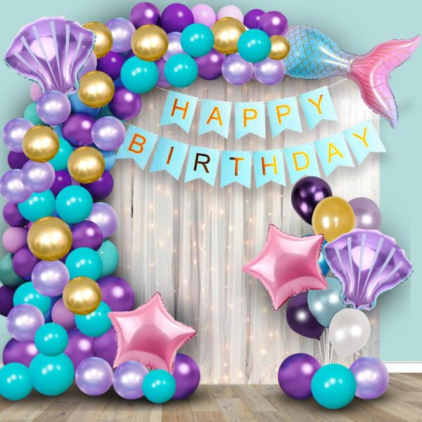 Rubber Mermaid Theme Birthday Decorations-Cute 62 Pcs Birthday Decoration Items For Girl|Under The Sea Theme Birthday|Birthday Decorations For Girls|Mermaid Balloons Purple Blue Golden