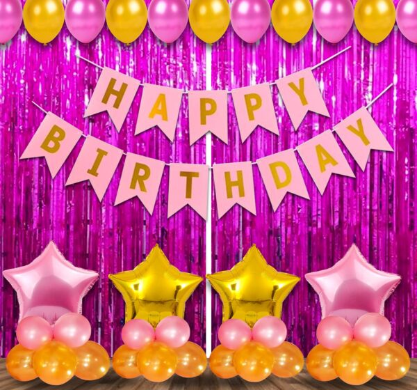 Birthday Decoration Kit for Girls - 47Pcs Pink, Golden Metallic Birthday Balloons for Girls Decoration, Golden Foil Curtain, Pink Happy Birthday Banner (cardstock)/Birthday Decoration