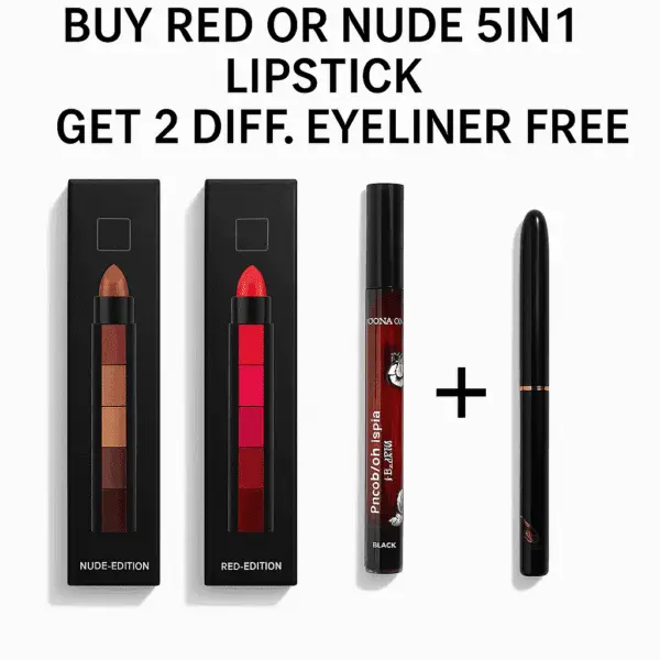 Red & Nude 5-in-1 Lipstick with 2 Free Eyeliners Combo – Long-Lasting Matte Makeup Set